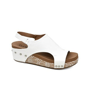 Corkys Volta II white faux leather sandal with silver accents, a hook and loop strap, and a cork wedge heel.