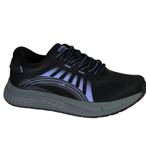 Black running shoe with blue accents on a white background