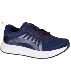 Navy running shoe with white sole on a white background