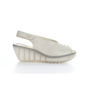 ladies' silver leather sling back sandal on a translucent wedge and platform