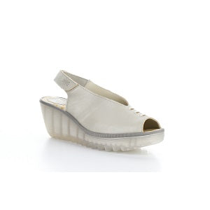 ladies' silver leather sling back sandal on a translucent wedge and platform