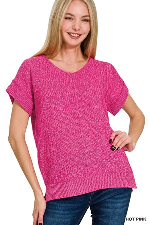 women's hot pink knitted short sleeve sweater