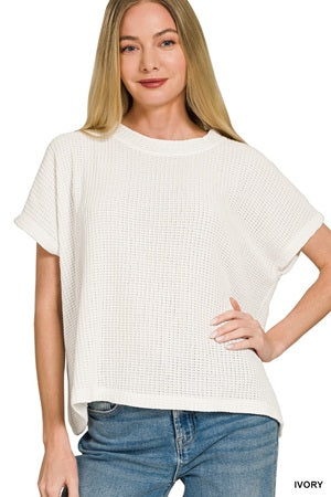 women's short-sleeve waffle-knit top in ivory
