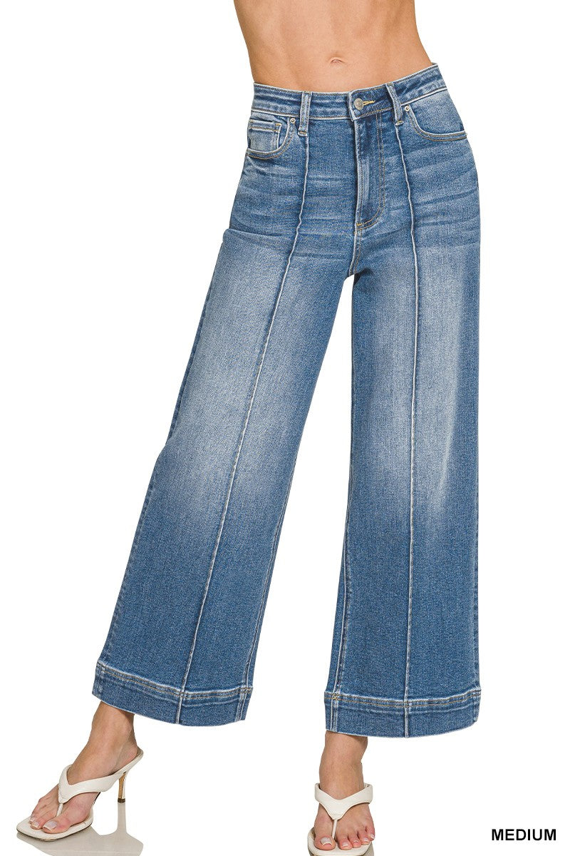 Medium wash blue wide-leg cropped jeans 