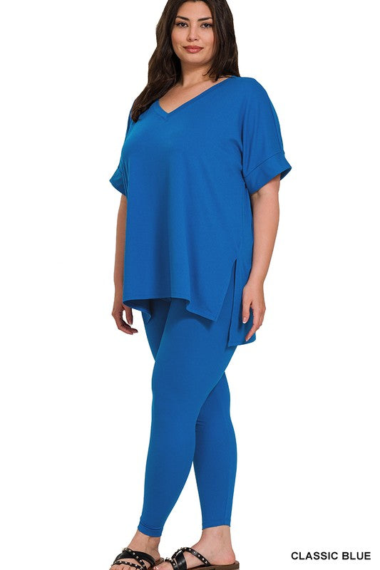 Woman wearing a blue outfit on a white background