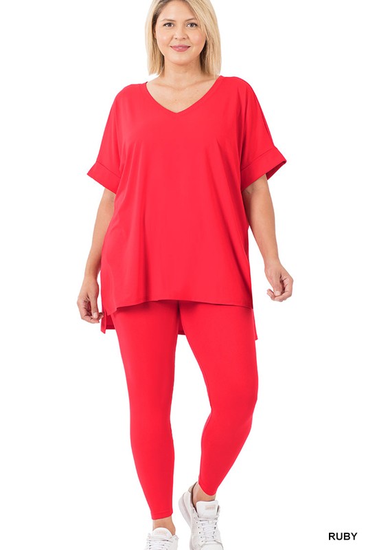 Woman wearing a red outfit on a white background