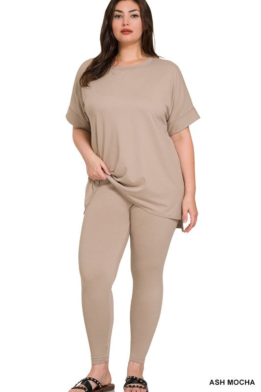 Woman wearing a beige outfit on a white background