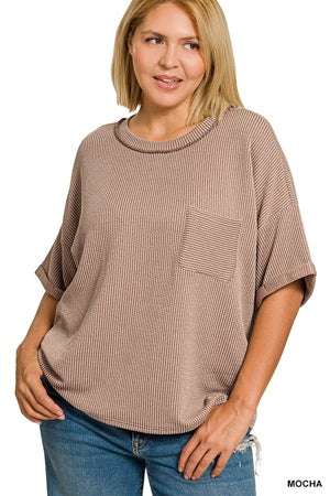 Women's plus size brown ribbed sweater with a pocket
