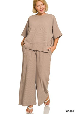 Women's Plus Size beige outfit with wide-leg pants
