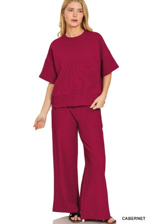 women's cabernet-colored outfit with a top and wide-leg pants