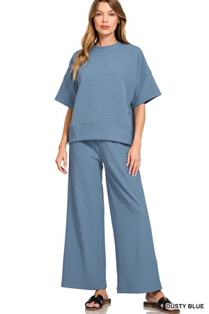 women's dusty blue outfit with wide-leg pants