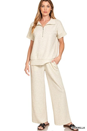 women's beige outfit with wide-leg pants