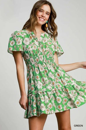 Umgee Floral Smocked Waist Mini Dress