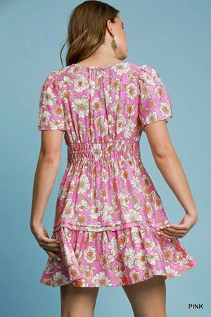 Umgee Floral Smocked Waist Mini Dress