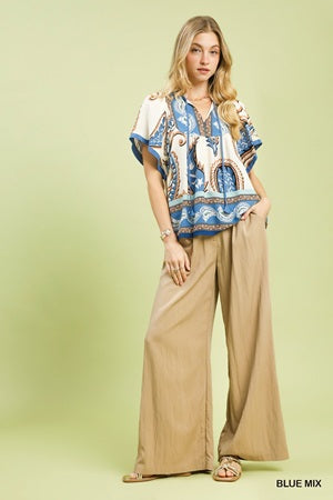 Umgee Mix Paisley Border Print Tassel Top