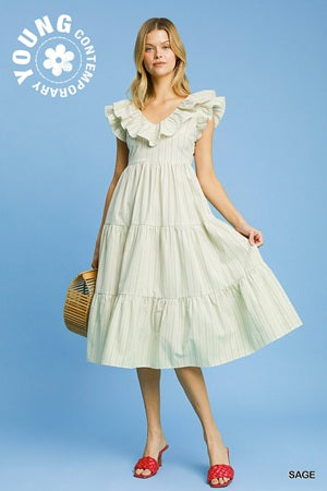 Umgee Striped Ruffled Midi Dress
