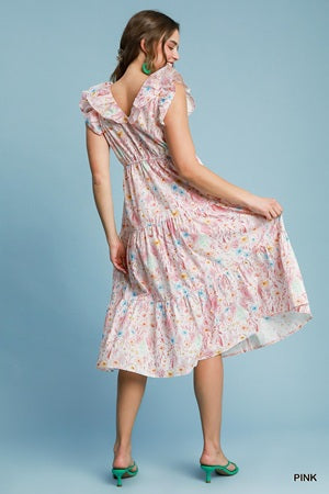 Umgee Floral Print Ruffled V-Neck Dress