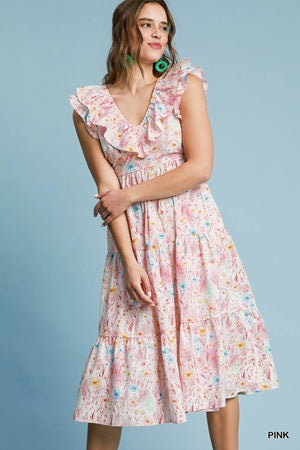 Umgee Floral Print Ruffled V-Neck Dress